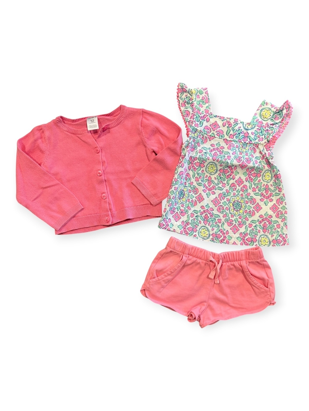 Carter's 12 Months Girls 3-Piece Outfit with Pink Cardigan Floral Top & Shorts
